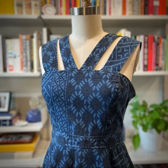 Anthro retro fit and flare dress with geometric print 🌺 denim party dress - Picture 2 of 4